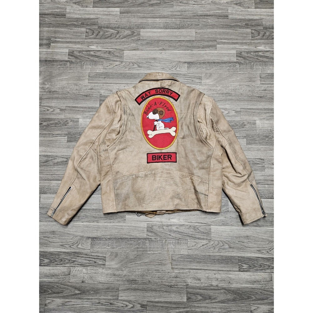 Vintage 70s 80s Leather King Snoopy Motorcycle Jacket Size 48 Bone-A-Flyed Biker